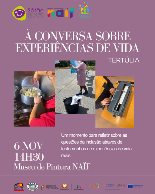Cartaz com fundo roxo do tema Tert&uacute;lia Experi&ecirc;ncias de Vida.