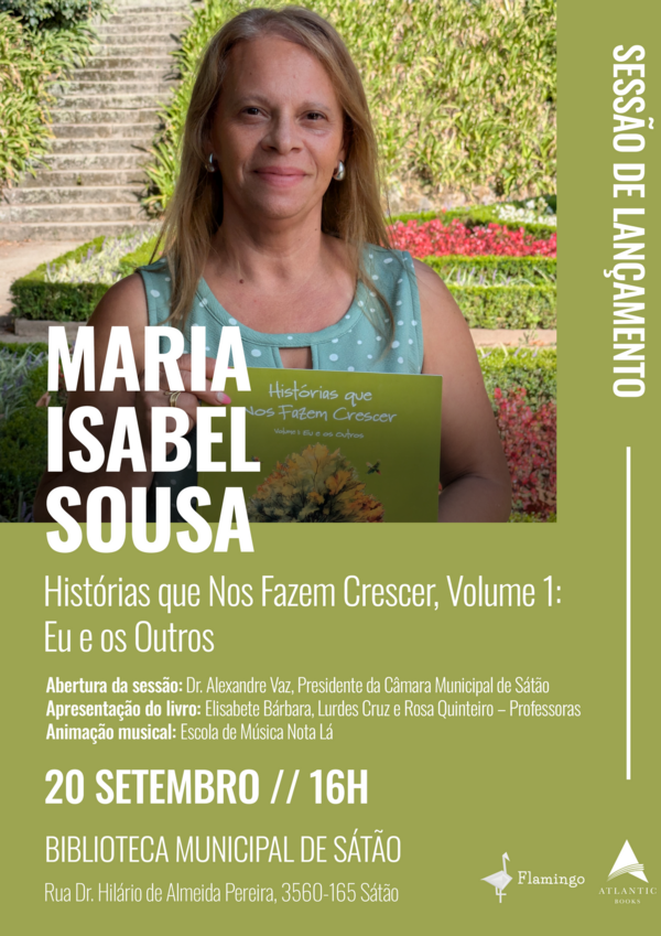 Cartaz do evento com autora a segurar um livro