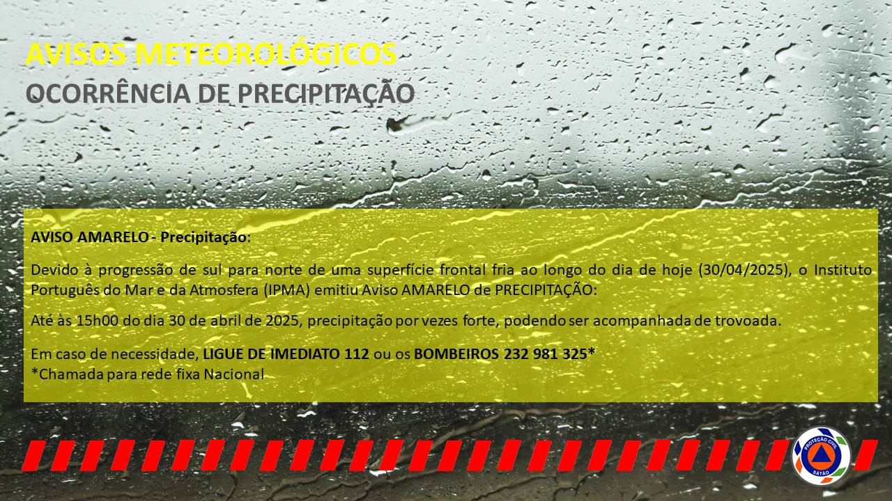 Aviso Amarelo 30 de abril de 2025 - Ocorrência de Precipitação